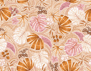 Hand drawn Stylish Summer Tropical plants and leaves, seamless pattern vector illustrations ,