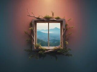 wooden window with branches, blank background, for design, isolated