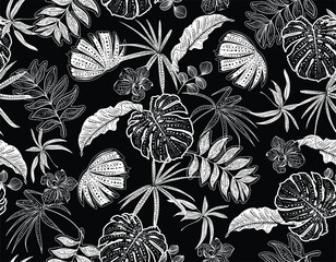 Black and White  Hand drawn Stylish Summer Tropical plants and leaves, seamless pattern vector illustrations , © MSNTY_STUDIOX