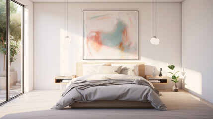 a luxurious bedroom with a queen bed and a white nightstand and a large painting on the wall