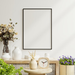 Mockup poster frame close up and accessories decor in cozy white interior background