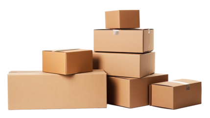Several cardboard boxes are stacked on transparent background PNG