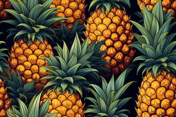 seamless vintage exotic tropical pattern with pineapples on black background - obrazy, fototapety, plakaty