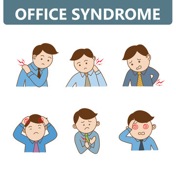 Man with office syndrome symptoms, infographic Illustration cartoon on white background