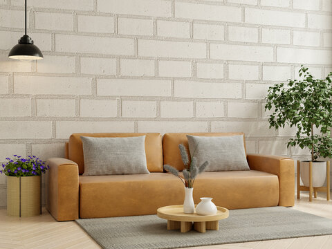 Interior living room wall mockup with leather sofa and decor on brick wall background