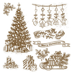 Christmas elements by hand drawn in vintage style