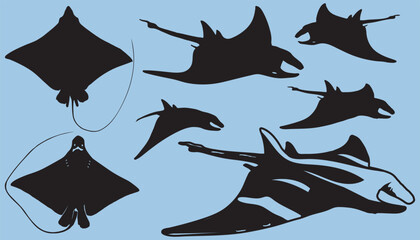 Manta ray, eagle rays fish silhouette, Vector animals of sea and ocean water swim with waving fins and tails, Diving skate, stingray or eagle ray fish silhouette, underwater wildlife - obrazy, fototapety, plakaty