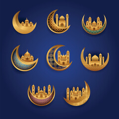 Set of Crescent moon and mosque golden collection for Ramadan Kareem greeting Label Bagde. Luxury  banner Islamic design element.