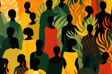 Black history month concept. African people silhouettes in green, yellow and red colors, pattern