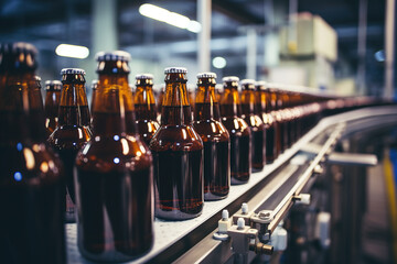 row glass beer drink alcohol bottles, brewery conveyor, modern production line - obrazy, fototapety, plakaty