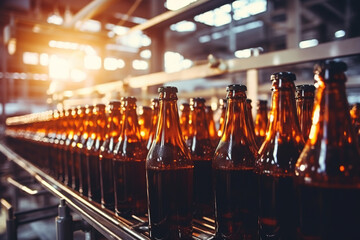 row glass beer drink alcohol bottles, brewery conveyor, modern production line