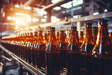 Fotobehang row glass beer drink alcohol bottles, brewery conveyor, modern production line © Boraryn