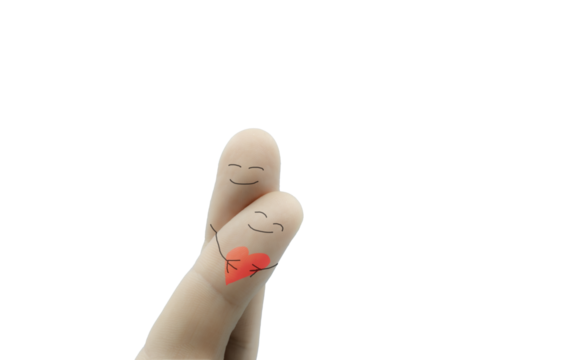 A happy couple in love with painted smiley and hugging on transparent background PNG