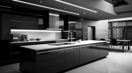 Black monochrome kitchen. Minimalism.