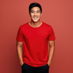 Obraz premium Handsome asian model wearing blank t-shirt for mockup design