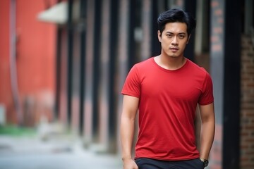 Handsome asian model wearing blank t-shirt for mockup design