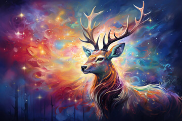 portrait of a magical fantasy deer in the forest, colorful light with copy space