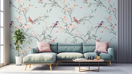 Modern cozy living room. Chabby shic style. Pattern on the wall with birds and flowers.