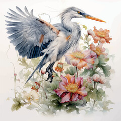 Illustration of heron flying and wild chrysanthemum realistic drawing - obrazy, fototapety, plakaty