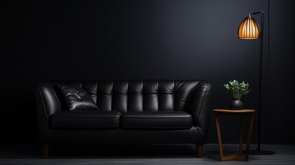 Black interior with black sofa and a solid black wall.