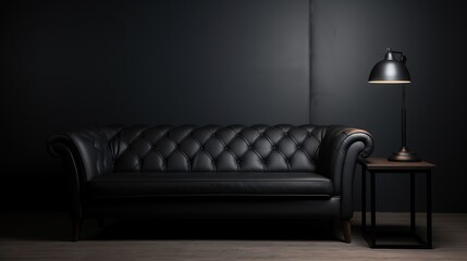 Black interior with black sofa and a solid black wall.
