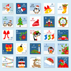 Advent calendar of Christmas winter holiday. Santa gifts, Christmas decorations