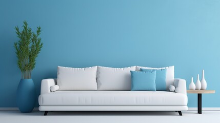 Cool interior with white sofa and blue wall. - obrazy, fototapety, plakaty