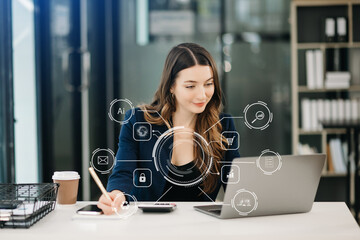 businesswoman hand working with mobile phone and modern compute with VR icon