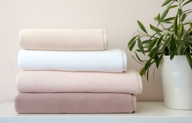 Fototapeta na wymiar many pastel white, beige and pink towels on white wooden shelves on light bathroom background