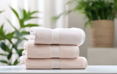 many pastel white, beige and pink towels on white wooden shelves on light bathroom background