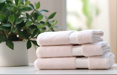 Fototapeta na wymiar many pastel white, beige and pink towels on white wooden shelves on light bathroom background