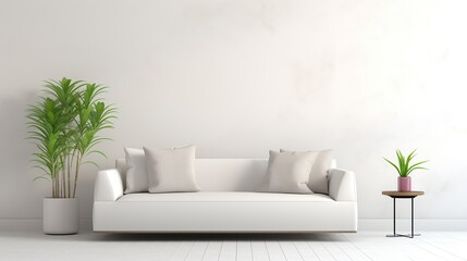 Bright luxury interior with white sofa and white wall.