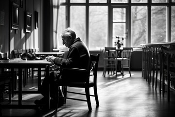 Fototapeta na wymiar Elderly man sitting alone at a table, nursing home, loneliness