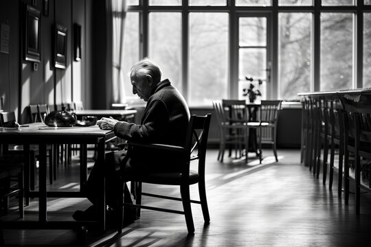 Elderly man sitting alone at a table, nursing home, loneliness