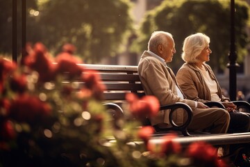 Elderly couple sitting on a bench in park, flowers all around, loneliness - obrazy, fototapety, plakaty