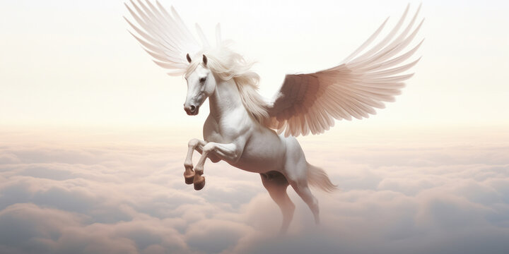 A pink pegasus with sore wings flies above the clouds in the sky