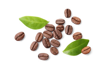 Fototapeta premium Roasted coffee beans and leaves isolated on white, top view
