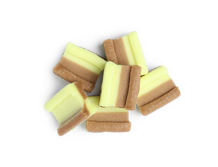 Tasty colorful bubble gums isolated on white, top view