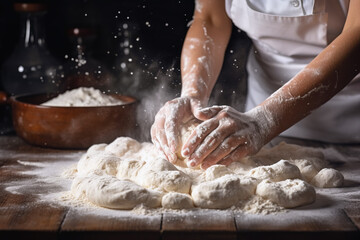 Obraz na płótnie Canvas Close up hands of a chef clapping hands and preparing yeast dough for pizza pasta in white flour files air in background of modern restaurant. Cooking concept of food and cook.