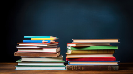 Stack of books on the background of the school blackboard