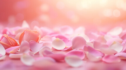 Pink roses petals on a golden bokeh background. - obrazy, fototapety, plakaty