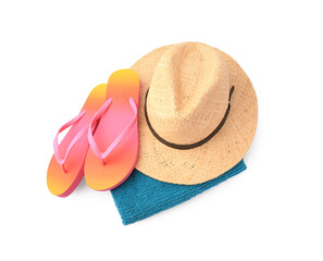 Straw hat, towel and flip flops isolated on white, above view. Beach objects