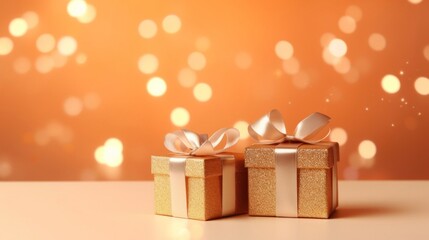 Golden gift presents on a light orange background with colorful bokeh and stars glittering