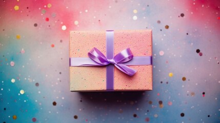Top view of Happy New Year gift box on colorful watercolor background