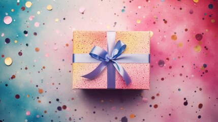 Obraz premium Top view of Happy New Year gift box on colorful watercolor background
