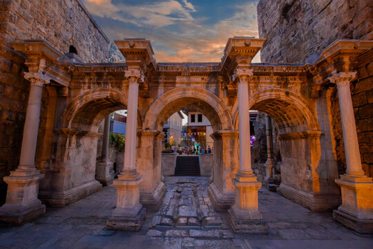 Sunset at the historical Hadrian's Gate, Antalya, T&uuml;rkiye.