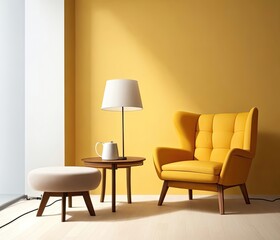A comfortable, modern living room with cozy sunlight and yellow accents. A comfortable, modern living room with cozy sunlight and yellow accents.