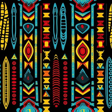 ancient african egyptian ethnic seamless pattern on black background with antique tribal symbols