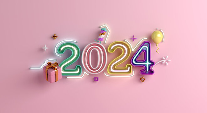 Happy new year 2024 decoration background with neon glass, balloon, gift box, firework rocket, 3D rendering illustration	