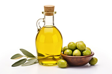 Green natural olives with bottle of olive oil isolated on a white background